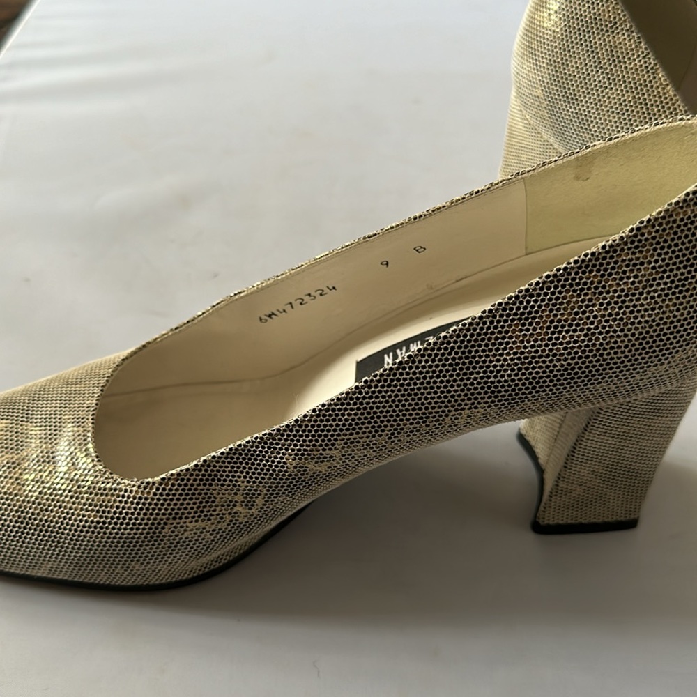 STUART WEITZMAN: Vintage 90s Champagne Faux Snakeskin Chunky Heels Size 9 (EEEE) - Picture 5 of 9